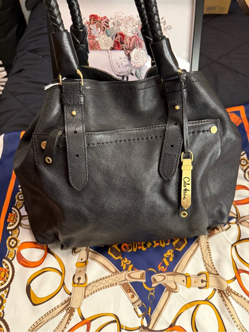 Cole Haan Black Pebbled Leather Shoulder Tote Bag with Braided Handles